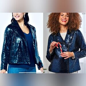 Coleen Lopez Luxe HSN Blue Sequin Moto Jacket Sz Lg NWT